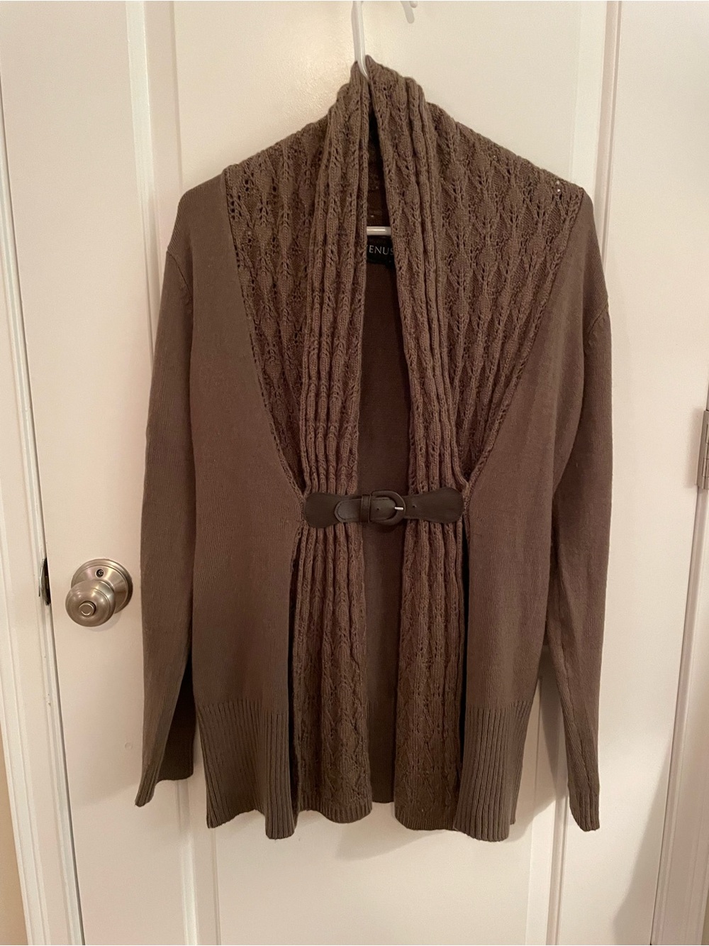 VENUS Brown Cable Shawl-Collar Cardigan with Buckle